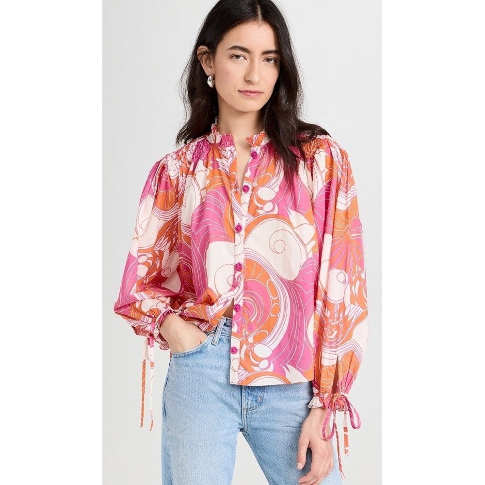 Rhode Pink Orange Abstract Print Smocked Organic Cotton Button Blouse Small